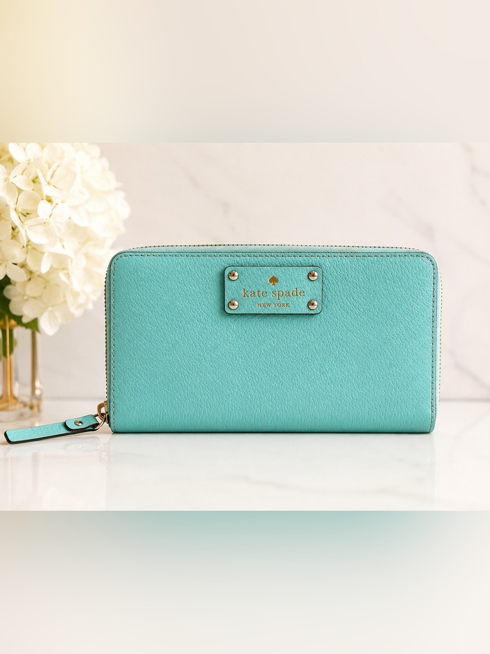 Kate Spade New York Tiffany Blue Turquoise Aqua Leather Zip Around LARGE Wallet
